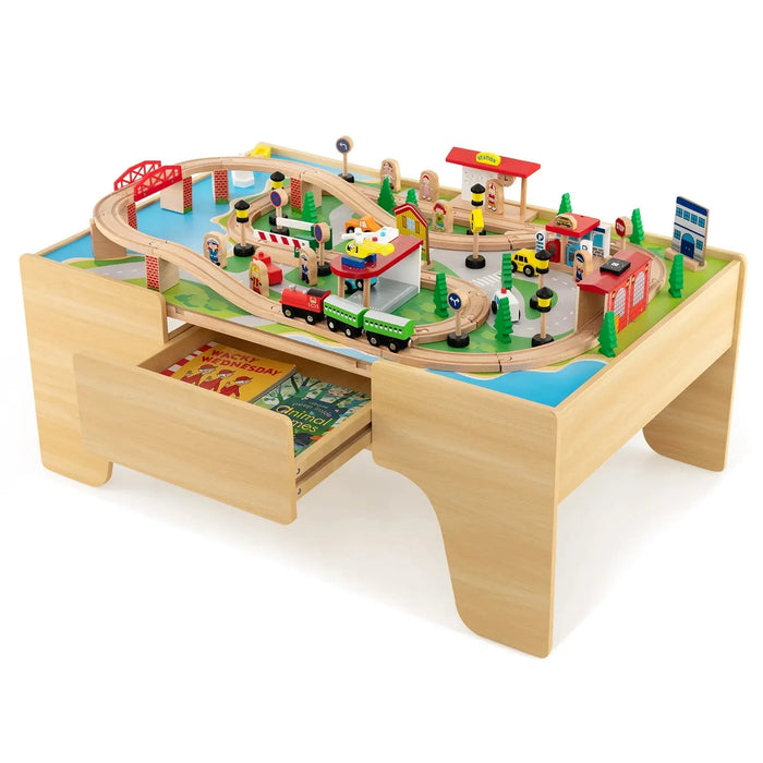 84 Piece Wooden Train Set with Reversible and Detachable Tabletop - Little and Giant Explorers Costway