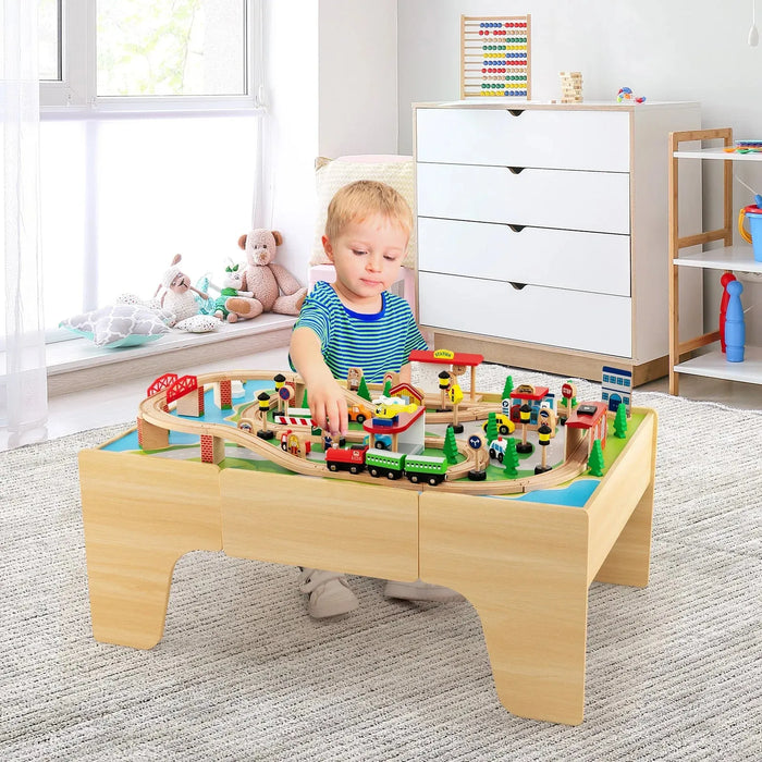 84 Piece Wooden Train Set with Reversible and Detachable Tabletop - Little and Giant Explorers Costway