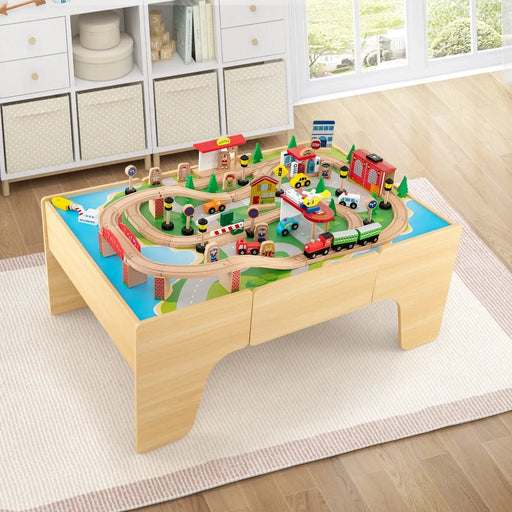 84 Piece Wooden Train Set with Reversible and Detachable Tabletop - Little and Giant Explorers Costway