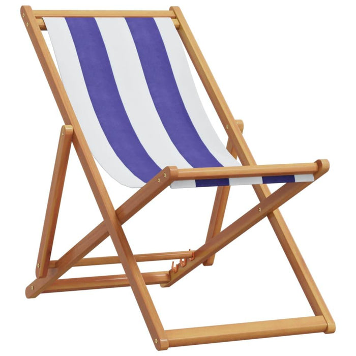 Folding Beach Chair in Blue and White and Solid Wood Eucalyptus - Little and Giant Explorers vidaXL