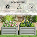 Two gray powder-coated steel garden planters with pink and blue flowers in a sunny backyard garden