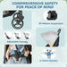 Stroller safety features with text 'Comprehensive Safety for Peace of Mind' on a light blue background.