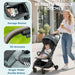 Stroller with features highlighted and a woman pushing it with a child.