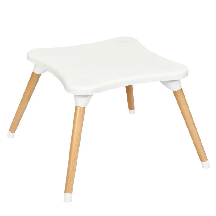 Small table with white top and wooden legs on a white background