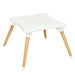Small table with white top and wooden legs on a white background