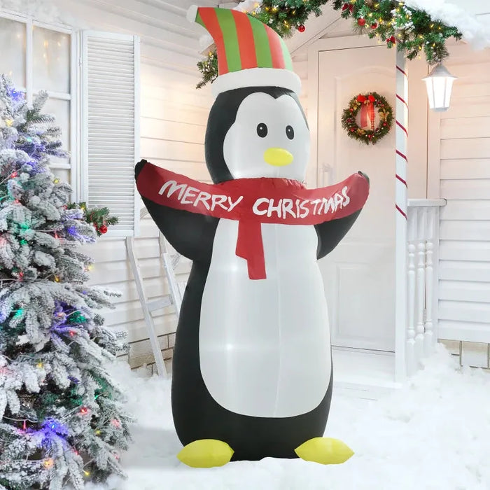 8FT Inflatable Penguin and Christmas Banner with LED Lights - Little and Giant Explorers HOMCOM