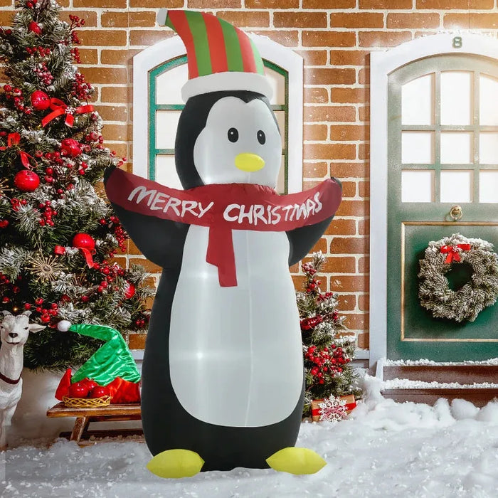 8FT Inflatable Penguin and Christmas Banner with LED Lights - Little and Giant Explorers HOMCOM