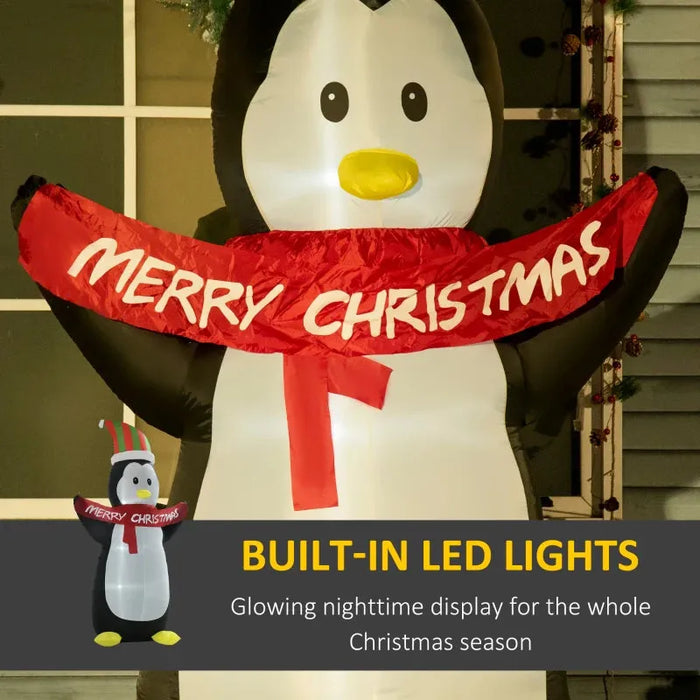 8FT Inflatable Penguin and Christmas Banner with LED Lights - Little and Giant Explorers HOMCOM