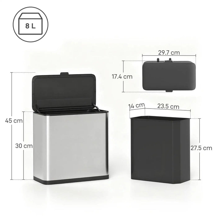 Two trash cans, one silver and one black, with dimensions labeled on a white background.
