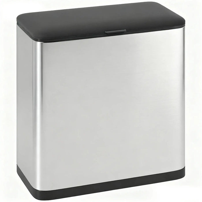 Silver trash can with black lid on a white background