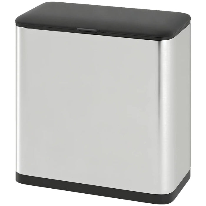 Stainless steel trash can with black lid on a white background