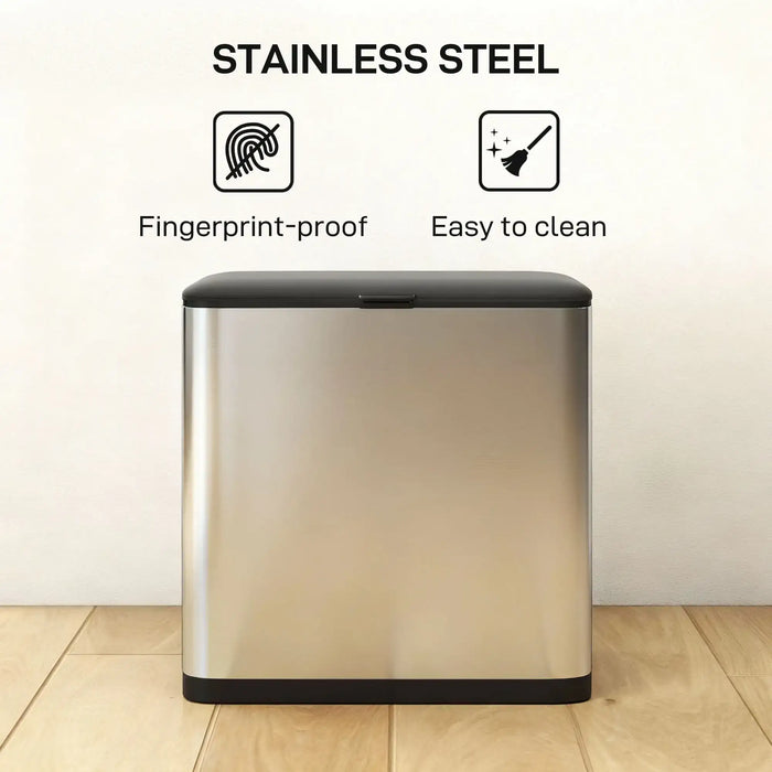 Stainless steel trash can with fingerprint-proof and easy-to-clean features on a light wooden floor.
