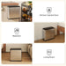Stainless steel trash can shown in various settings: kitchen cabinet door, bedroom, and living room.