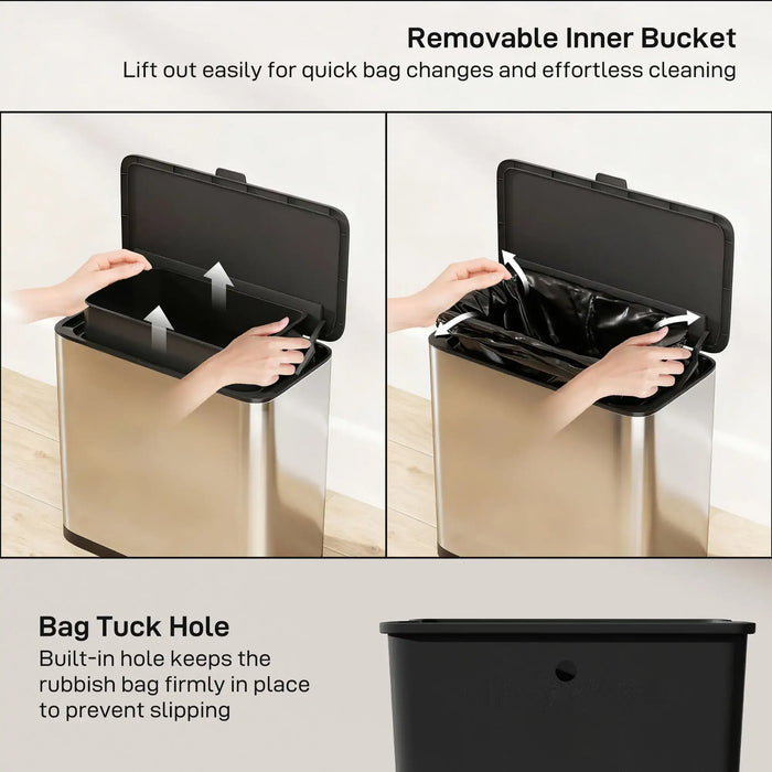 Black trash bin with removable inner bucket and bag tuck hole feature on a light background.