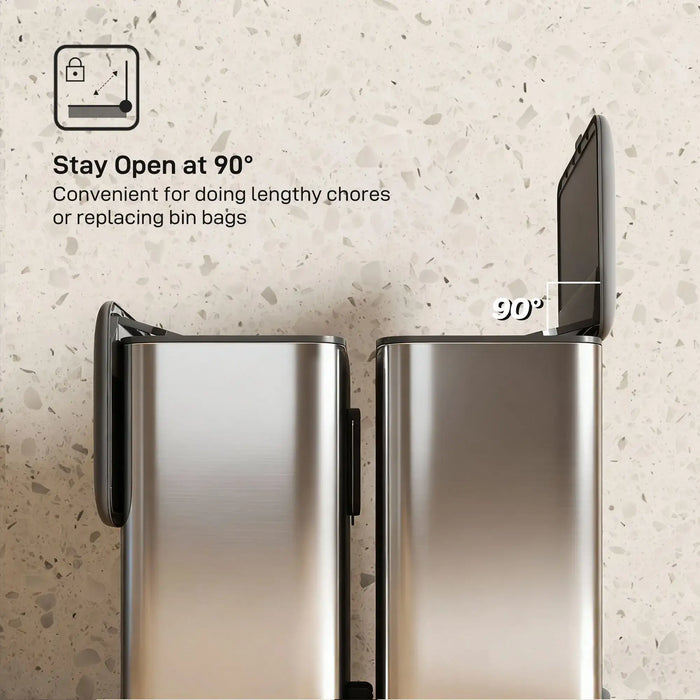 Two metallic trash cans with an open lid on a textured wall background