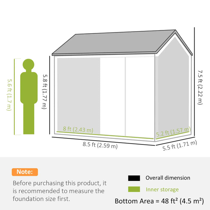 Diagram showing outdoor storage shed dimensions with overall and inner storage measurements