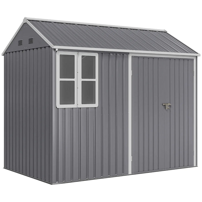 Gray metal outdoor storage shed with gable roof, double doors, and ventilation vents