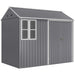 Gray metal outdoor storage shed with gable roof, double doors, and ventilation vents