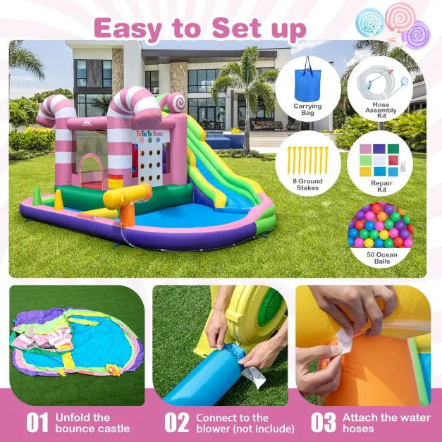 9-in-1 Inflatable Candy Bounce House with Slide and Splash Pools - Little and Giant Explorers Costway