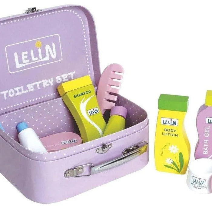 Kids wooden toiletry set with purple case, comb, shampoo, body lotion, and bath gel bottles