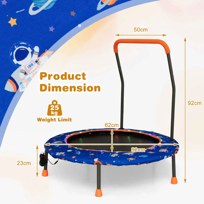 Children's trampoline with dimensions and weight limit on a space-themed background