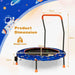 Children's trampoline with dimensions and weight limit on a space-themed background