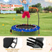 Child jumping on a trampoline with colorful design in an outdoor setting, featuring text about security and experience.