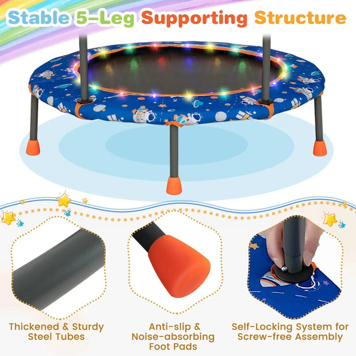 Children's trampoline with colorful design and safety features on a light blue background