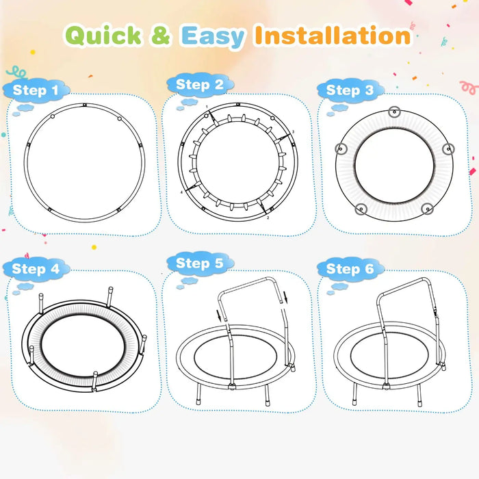 Step-by-step diagram for quick and easy installation of a trampoline.