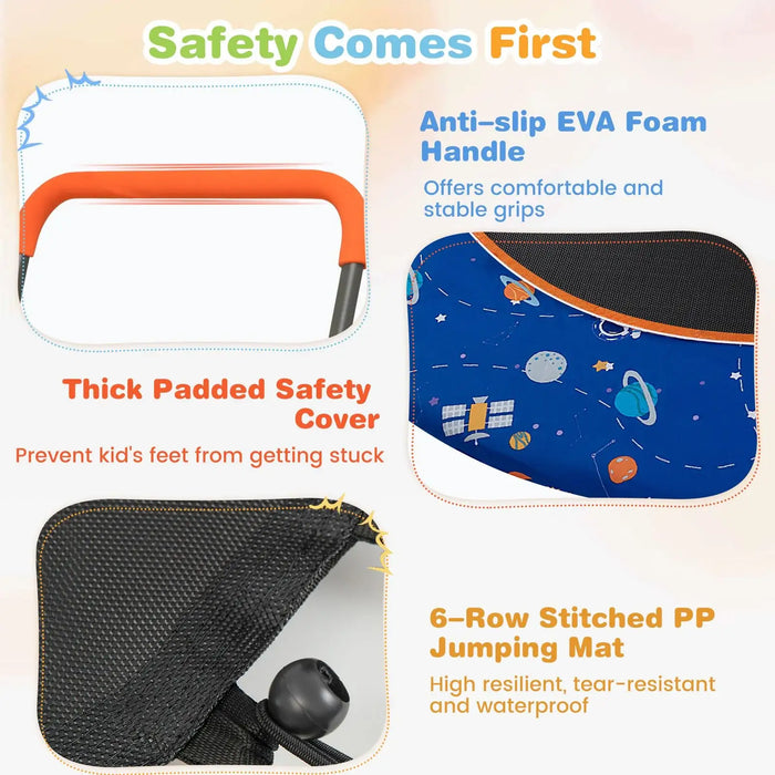 Product features with text highlighting safety and durability, including an anti-slip EVA foam handle and thick padded safety cover.