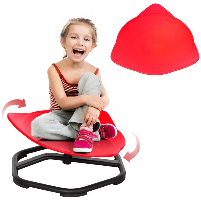 Child sitting on a red balance ball chair with a close-up of the ball on a white background