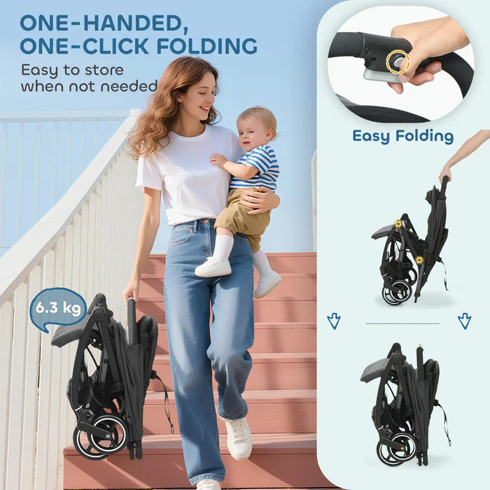 Woman holding a baby with a folded stroller, emphasizing easy folding feature.