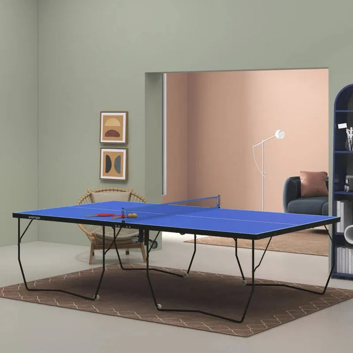 9FT Folding Table Tennis Table with 8 Wheels in Blue - Little and Giant Explorers SPORTNOW