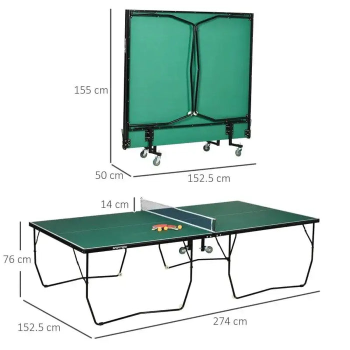 Green 9ft professional table tennis table with foldable split design, wheels, and dimensions shown