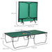 Green 9ft professional table tennis table with foldable split design, wheels, and dimensions shown