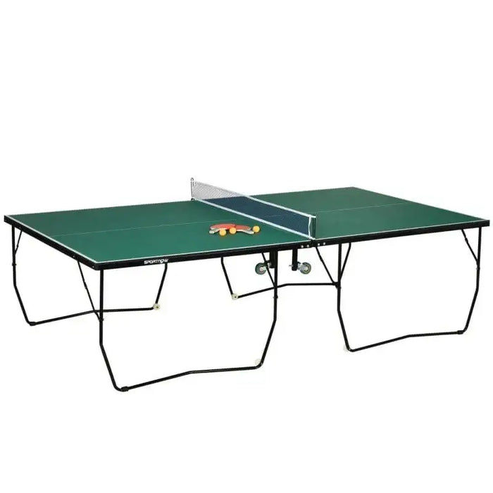 Green 9ft professional table tennis table with paddles and balls on top, net attached