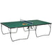 Green 9ft professional table tennis table with paddles and balls on top, net attached