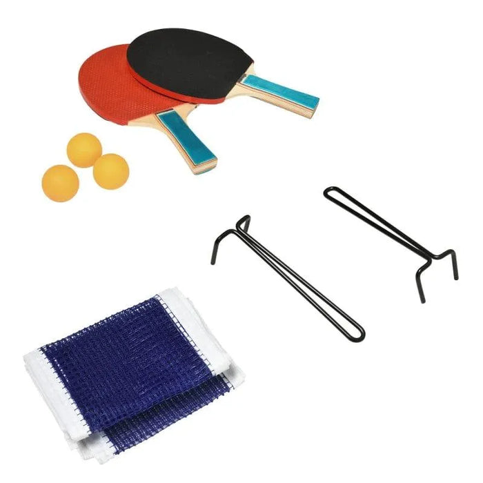 Table tennis set with two paddles, three balls, net, and metal posts on white background