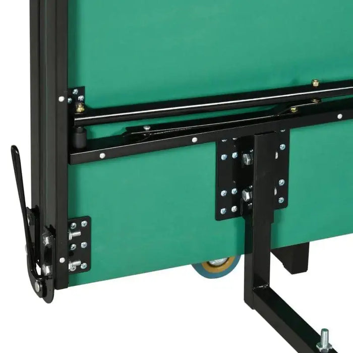 Green split table tennis table with black metal frame, wheels, and folding mechanism
