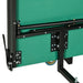 Green split table tennis table with black metal frame, wheels, and folding mechanism