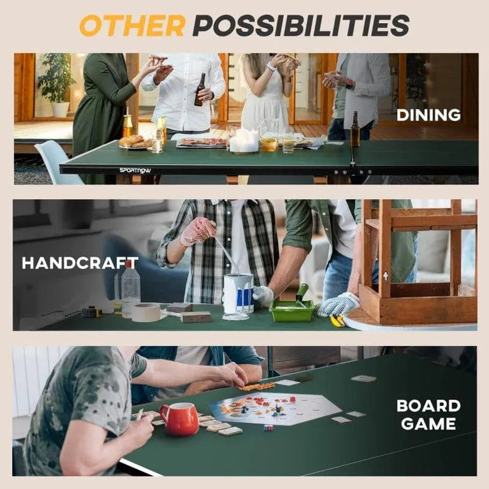 Green table tennis table used for dining, handcrafts, and board games indoors