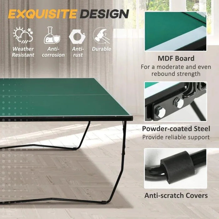 Green professional table tennis table with MDF board, powder-coated steel legs, anti-scratch covers