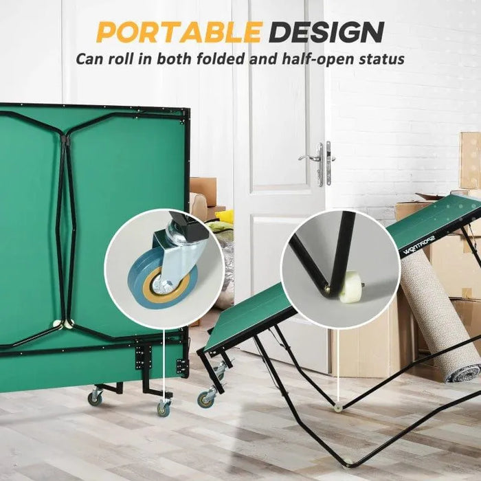 Green 9ft portable table tennis table with wheels, shown folded in a home setting