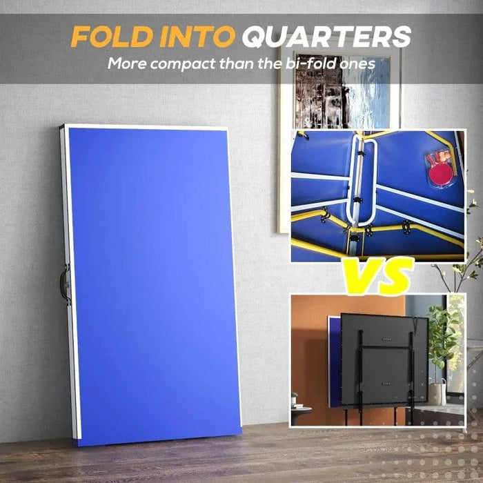 Foldable blue table tennis table shown folded, with comparison of quarter-fold and bi-fold designs.