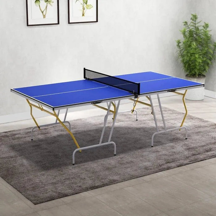 Blue 9ft professional table tennis table with net in a modern indoor room