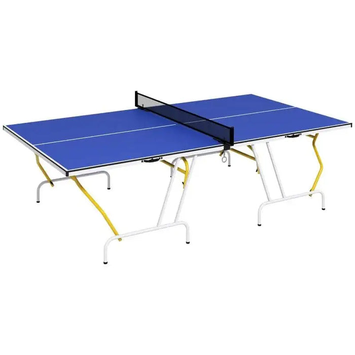 9ft blue professional table tennis table with net and white and yellow metal legs