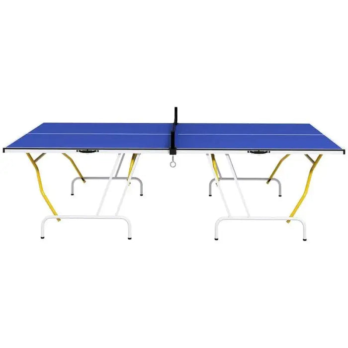 9ft blue professional table tennis table with net and white and yellow foldable legs