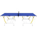 9ft blue professional table tennis table with net and white and yellow foldable legs