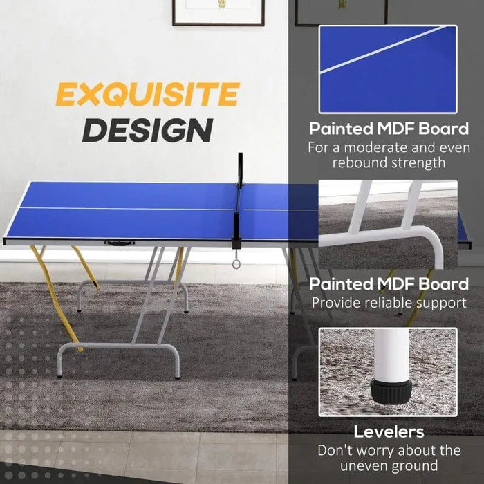 Blue 9ft professional table tennis table with MDF board and adjustable leg levelers indoors