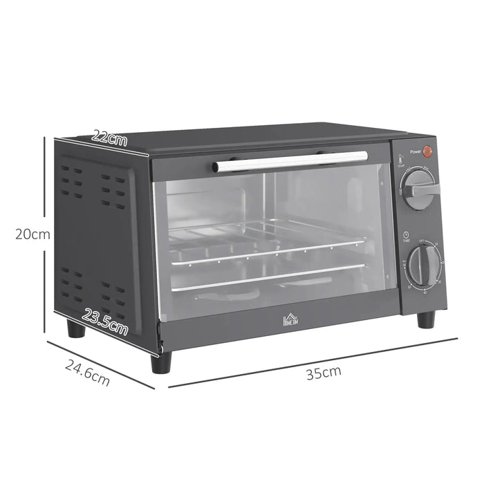 Black toaster oven with dimensions indicated on a white background